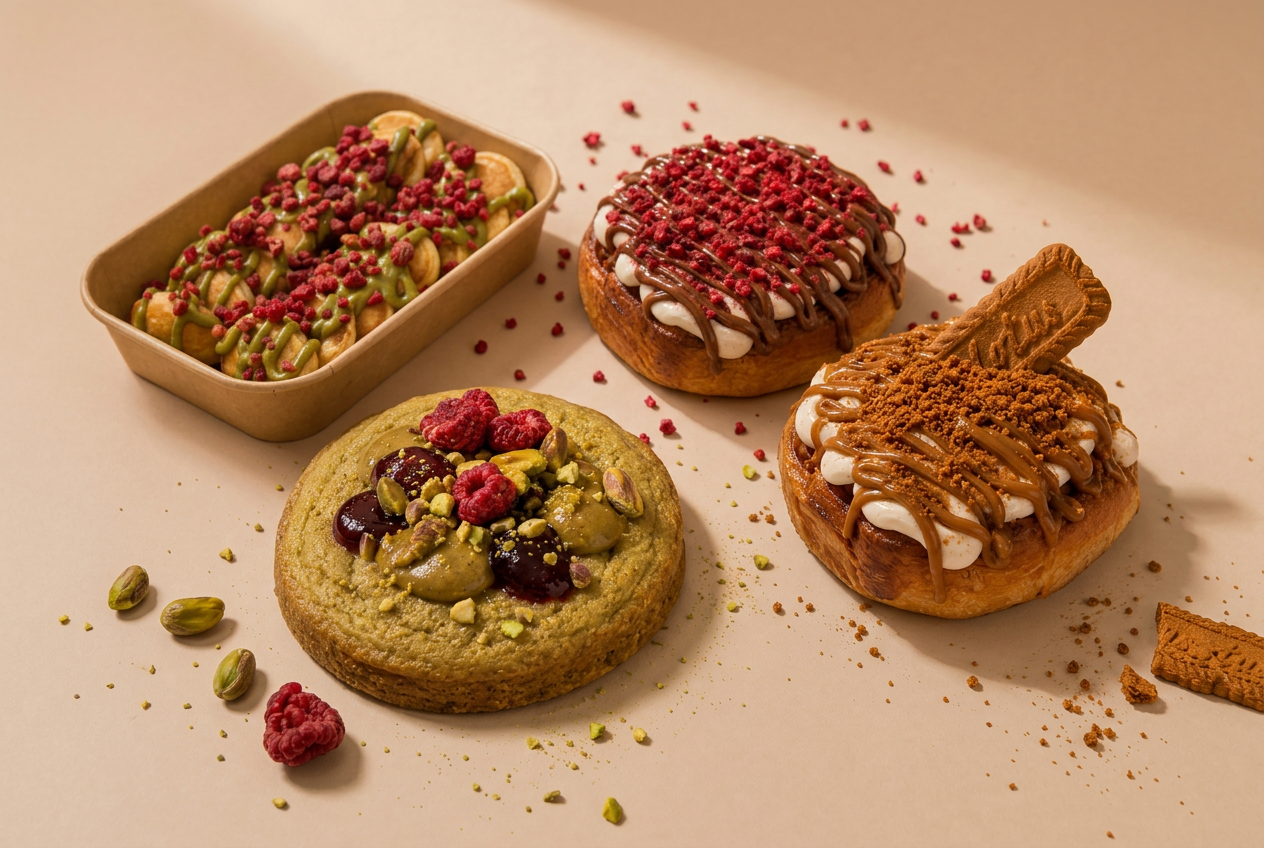 Sélection de pâtisseries artisanales — cookies, brioche Lotus, brownie et plus, signés Délice de Kamelia